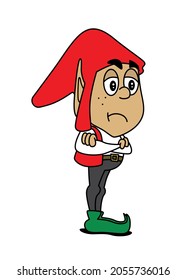 Cute angry elf character standing with his arms crossed. Cartoon style vector illustration isolated on white background.