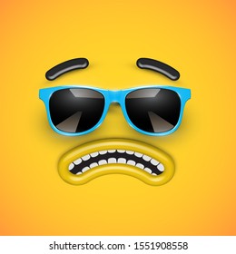 Cute angry emoticon with blue sunglasses, vector illustration