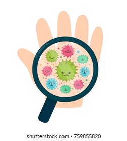 Cute angry evil bad fly germ virus infection,micro bacteria under a magnifying glass on child hand.Vector modern flat style cartoon character illustration.Isolated on white background.hygiene concept