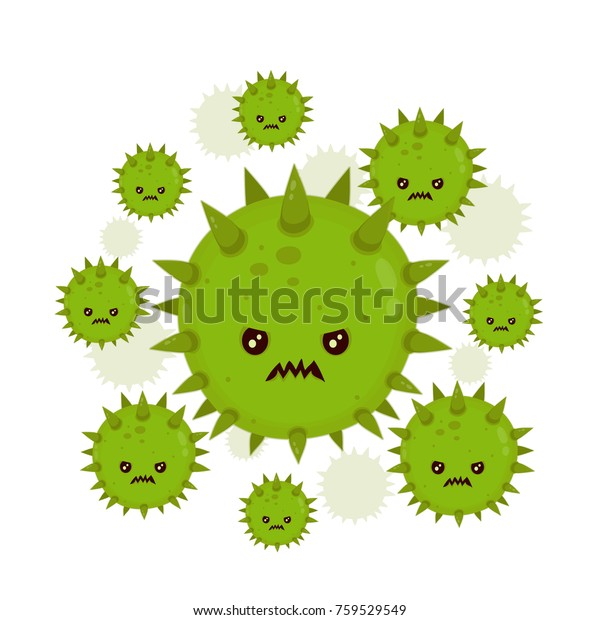 白い背景にかわいい怒りの悪い虫の細菌ウイルス感染 微細菌 ベクター画像の平らなスタイルの漫画のキャラクターイラスト 微生物 病原体 ウイルスアイコン がんのコンセプト のベクター画像素材 ロイヤリティフリー