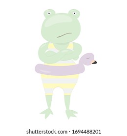 Cute and angry frog with a flamingo float - vector illustration