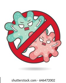 Cute angry germs want to get out of the anti sign. Vector isolated.