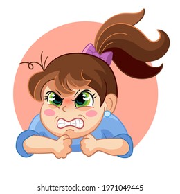 Cute angry girl face emotion vector illustration. Cartoon character. Vector illustration isolated on white. For avatar, stickers, print and design, posters, cards, decor, party, t-shirt, kids apparel
