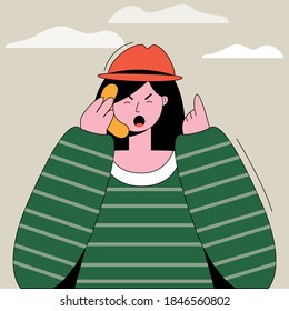 Cute angry girl talking on the phone. Mood expression. Vector illustration in trendy flat linear style.