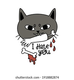 cute angry gray cat biting hand, cartoon vector lettering postcard
