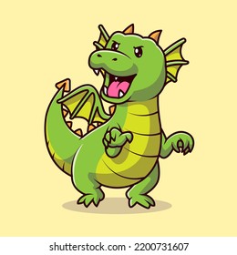 Cute Angry Green Dragon Cartoon Vector Icon Illustration. Animal Nature Icon Concept Isolated Premium Vector. Flat Cartoon Style