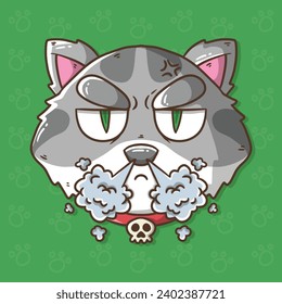 Cute angry grey Cat head Cartoon vector hand drawn illustration. Cat Vector Illustration. 100% hand drawing vector illustration without AI.