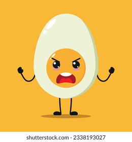 Cute angry half boiled egg character. Funny furious egg cartoon emoticon in flat style. food emoji vector illustration