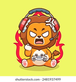 Cute Angry Lion Gaming Cartoon Vector Icon Illustration. Animal Technology Icon Concept Isolated Premium Vector. Flat Cartoon Style