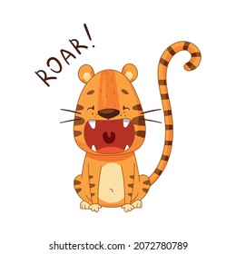 Cute Angry Little Tiger Roaring. Adorable Baby Animal Character Cartoon Vector Illustration