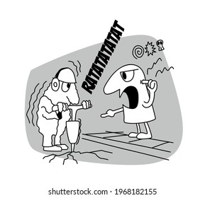 Un hombre alegre y enfadado le grita a un trabajador usando un martillo neumático en la calle. Ruido. Ilustración vectorial de dibujos animados humorísticos en blanco y negro.