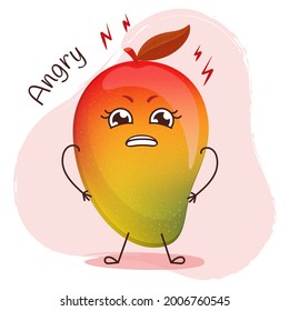 Cute angry mango character became red with lightning. Emoji stickers with mango. 