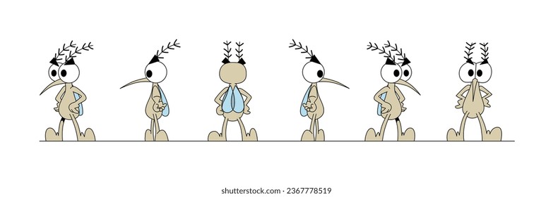 Cute angry mosquito character in different positions, standing with hands on hips. Colorful cartoon style vector illustration isolated on white background.
