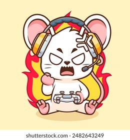Cute Angry Mouse Gaming Cartoon Vector Icon Illustration. Animal Technology Icon Concept Isolated Premium Vector. Flat Cartoon Style