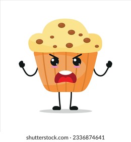 Cute angry muffin character. Funny furious cupcake cartoon emoticon in flat style. bakery emoji vector illustration