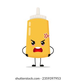 Cute angry mustard sauce bottle character. Funny mad food cartoon emoticon in flat style. mayonnaise bottle emoji vector illustration
