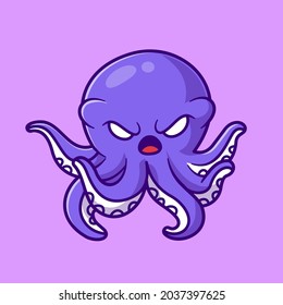 Cute Angry Octopus Cartoon Vector Icon Illustration. Animal Nature Icon Concept Isolated Premium Vector. Flat Cartoon Style