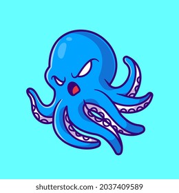 Cute Angry Octopus Cartoon Vector Icon Illustration. Animal Nature Icon Concept Isolated Premium Vector. Flat Cartoon Style