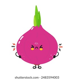 Lindo personaje de cebolla enojada. Vector dibujado a mano de dibujos animados kawaii personaje ilustración icono. Aislado sobre fondo blanco. Concepto de personaje de Sad Onion