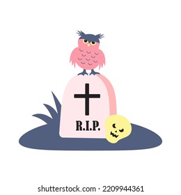 Cute angry owl sitting on a tombstone. Grave and skull. Halloween concept. Pastel colors.