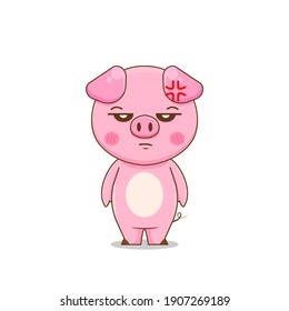 Cute angry Pig. Vector illustration of chibi character isolated on white background.