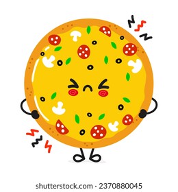Un personaje de Pizza enojado. Caricatura dibujada a mano del vector icono de ilustración del personaje kawaii. Aislado sobre fondo blanco. Sad Pizza