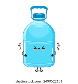 Süße wütende Kunststoff Wasser Flasche Charakter. Handgezeichneter Cartoon-Kawaii-Vektorsymbol. Einzeln auf weißem Hintergrund. Sad Plastic Water Flasche Zeichenkonzept