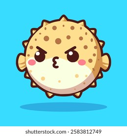 cute angry puffer fish cartoon character flat color vector illustration template design