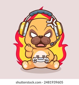 Ilustración linda del Vector de la historieta del juego del perro del pug enojado. Icono de Tecnología animal concepto de Vector Premium aislado. Estilo plano de dibujos animados