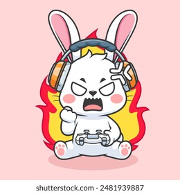 Cute Angry Rabbit Gaming Cartoon Vector Icon Illustration. Animal Technology Icon Concept Isolated Premium Vector. Flat Cartoon Style