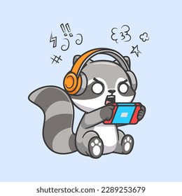 Cute Angry Raccoon Gamer With Game Controller And Headphone Cartoon Vector Icon Illustration. Animal Technology Icon Concept Isolated Premium Vector. Flat Cartoon Style