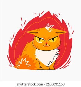 Cute angry red cat sitting with frowning face expression in fire. Isolated on white background. Adorable dissatisfied kitten. Flat style vector illustration.