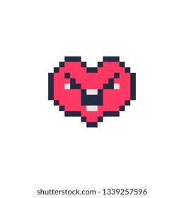 Cute angry red emoji in heart shape, pixel art style minimalistic icon element design for sticker, logo, app, web. Isolated abstract vector illustration. Video game sprite. 