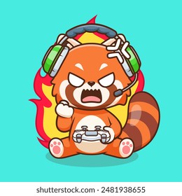 Cute Angry Red Panda Gaming Cartoon Vector Icon Illustration. Animal Technology Icon Concept Isolated Premium Vector. Flat Cartoon Style