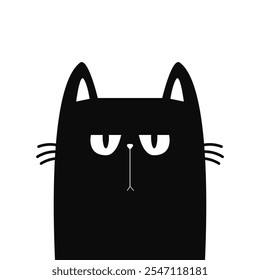 Cute angry sad cat face head. Funny kitten. Black silhouette icon. Happy Halloween. Cartoon funny baby character. Kawaii pet animal. Childish style. Flat design. White background. Vector illustration