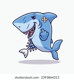 Cute angry shark holding fish bone, Cartoon-Illustration