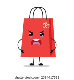 Cute angry shopping bag character. Funny mad paper bag cartoon emoticon in flat style. closet vector illustration