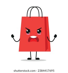 Cute angry shopping bag character. Funny furious paper bag cartoon emoticon in flat style. closet vector illustration