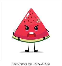 Cute angry slice of watermelon character. Funny mad watermelon cartoon emoticon in flat style. Fruit emoji vector illustration