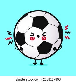 Rute wütende Fußballmannschaft. Vektorhandgezeichnete Cartoons kawaii Zeichentricksymbol. Einzeln auf blauem Hintergrund. Sad-Soccer-Ball-Konzept