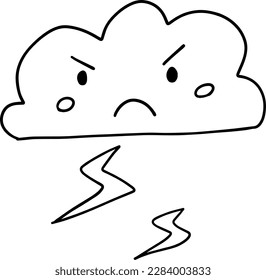 Cute nube tormentosa furiosa y trueno icono del contorno de la expresión de emoción de dibujos animados. Ilustración del vector