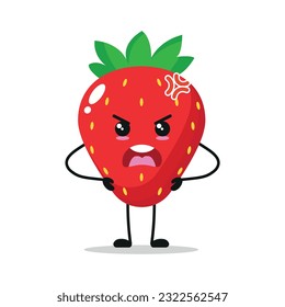 Carácter dulce y enfadado de fresa. Funny y furioso emoticono de dibujos animados de fresa en estilo plano. Ilustración vectorial de emoji de frutas