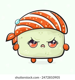 Cute angry Sushi character. Vector hand drawn cartoon kawaii character illustration icon. Isolated on light green background. Sad Sushi character concept