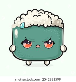 Netter wütender Sushi-Charakter. Handgezeichneter Cartoon-Kawaii-Vektorsymbol. Einzeln auf hellgrünem Hintergrund. Sad Sushi-Zeichenkonzept