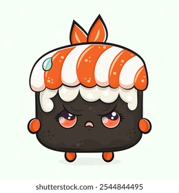 Lindo personaje de Sushi enojado. Icono de ilustración de personaje kawaii de dibujos animados dibujado a mano de Vector. Aislado sobre fondo verde claro. Concepto de personaje de Sushi triste