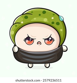 Cute angry Sushi character. Vector hand drawn cartoon kawaii character illustration icon. Isolated on light green background. Sad Sushi character concept