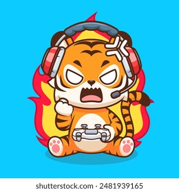 Cute Angry Tiger Gaming Cartoon Vector Icon Illustration. Animal Technology Icon Concept Isolated Premium Vector. Flat Cartoon Style