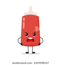 Cute angry tomato sauce bottle character. Funny mad food cartoon emoticon in flat style. tomato sauce bottle emoji vector illustration