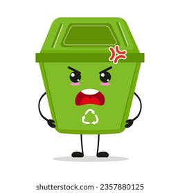 Cute angry trash bin character. Funny mad dustbin cartoon emoticon in flat style. wastebin emoji vector illustration