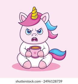 Lindo Unicornio enojado con taza de café Peculiar ilustración de fantasía